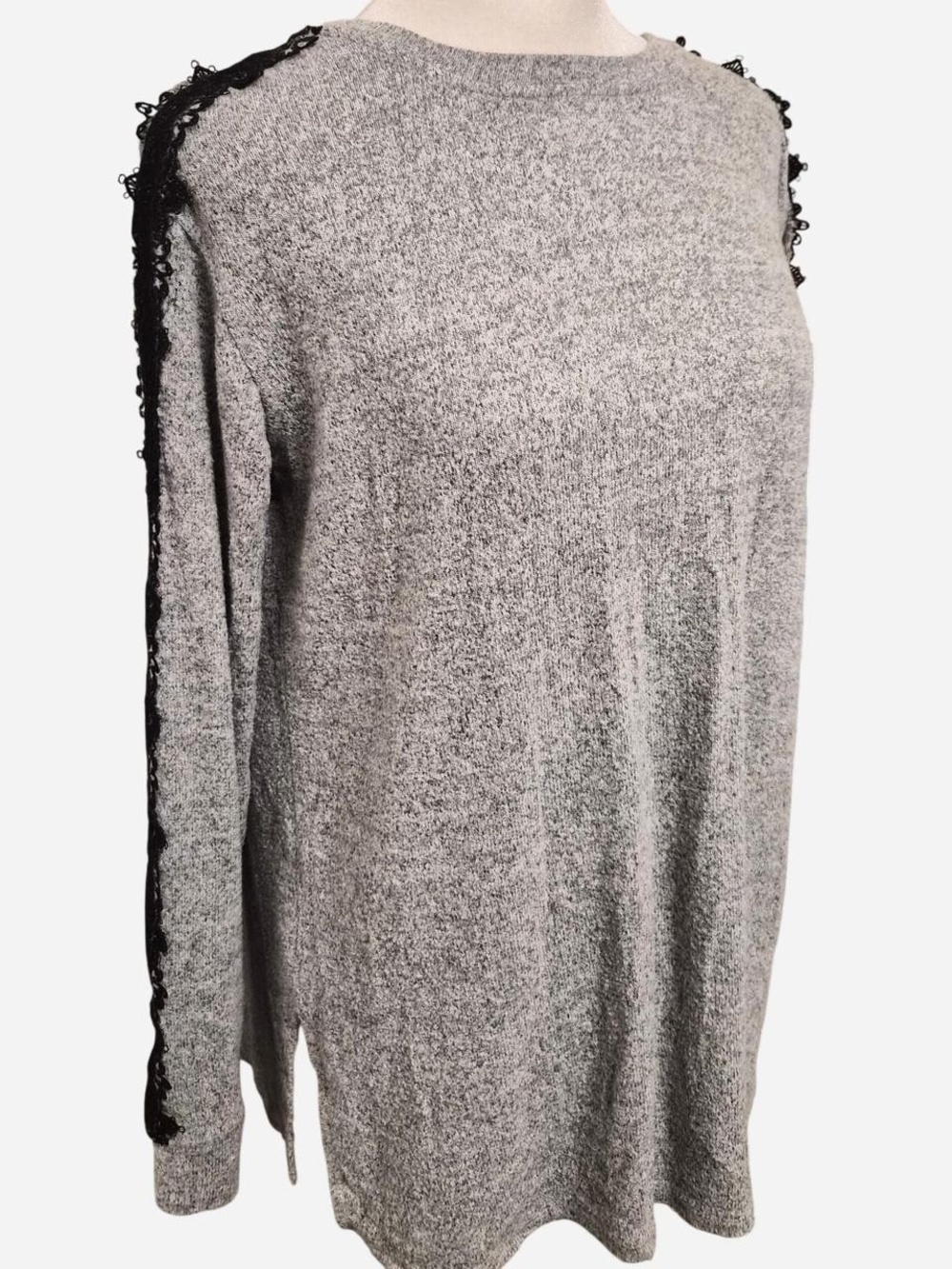 Vera Wang Gray Knit Sweater with Black Lace Trim